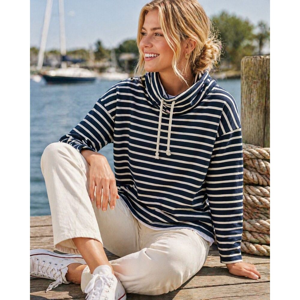 J.Crew Mariner Cloth Funnelneck Pullover Small Navy Ivory Stripe Nautical Preppy